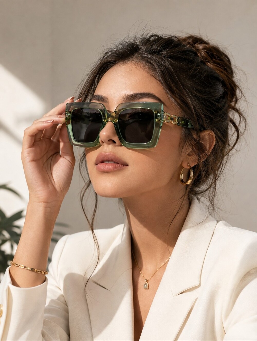 Olive Green Square Frame Women’s Sunglasses with Chain-Link Temples